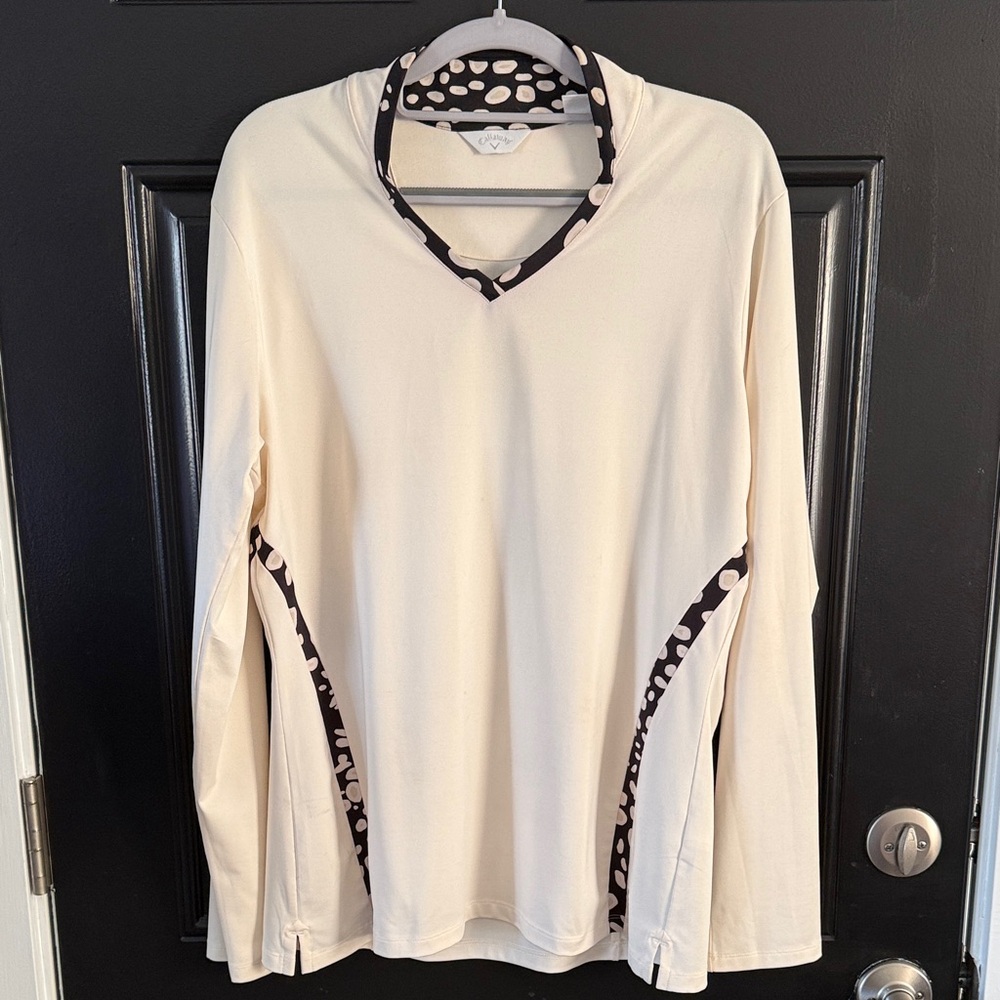 Callaway Cream Long Sleeve Top with Black Polka Dot Trim